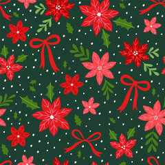 Seamless pattern with Christmas poinsettias and bows. Vector graphics.