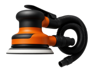 Dust-free orbital sander with built-in vacuum hose for indoor projects.