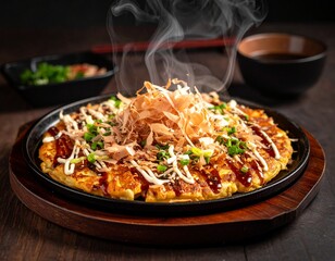 湯気が立ち上るお好み焼き &ndash; 香ばしいソースと鉄板の熱気