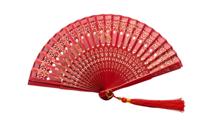 Ornate red folding fan with tassel
