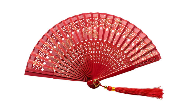 Ornate red folding fan with tassel