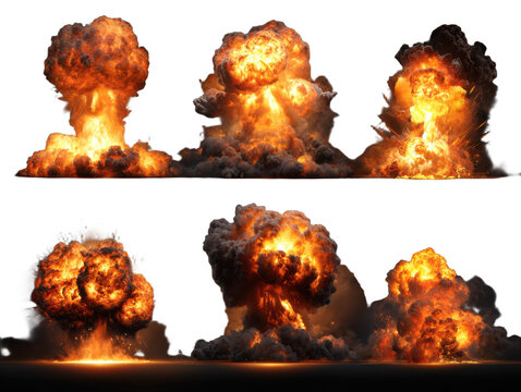 Explosive Fireball Collection: Set of High-Definition Blasts on Transparent Backdrop - Isolated Fire, Smoke, and Shockwave Elements for VFX, Compositing, and Digital Design