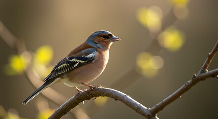 Naklejka premium Chaffinch bird perched on branch with soft sunlight and bokeh background