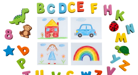 Colorful children s artwork and alphabet letters arranged creatively