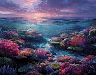 Vibrant Underwater Scene of Colorful Corals and Ocean Sunset Glow