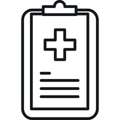 Medical clipboard with plus sign symbol and document lines simple line art illustration on transparent background