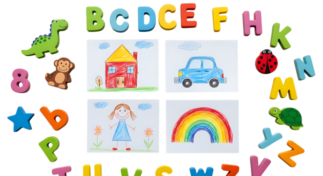 Colorful children s artwork and alphabet letters arranged creatively