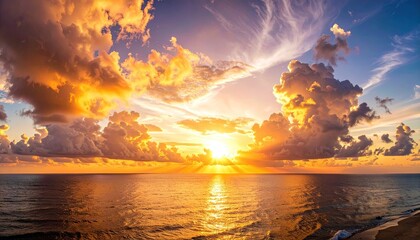 Golden Hour Sunset Over Calm Ocean With Dramatic Clouds and Reflecting Sun Rays on Water