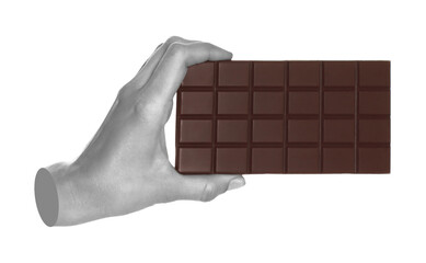 Woman hand holds chocolate bar, isolated on transparent background, sweet food concept. Contemporary art concept