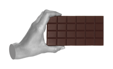 Woman hand holds chocolate bar, isolated on transparent background, sweet food concept. Contemporary art concept