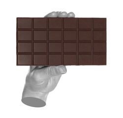 Woman hand holds chocolate bar, isolated on transparent background, sweet food concept. Contemporary art concept
