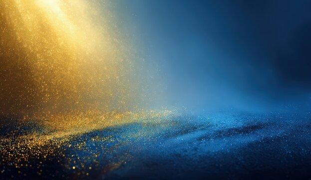 Abstract Golden Shimmering Light Beam against Blue Backdrop with Sparkling Particles