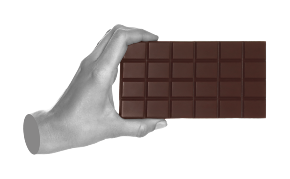 Woman hand holds chocolate bar, isolated on transparent background, sweet food concept. Contemporary art concept