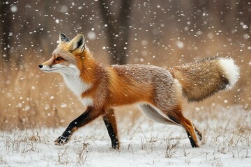 Fototapeta premium The Majestic Red Fox Gracefully Roaming Through a Winter Wonderland of Freshly Fallen Snow