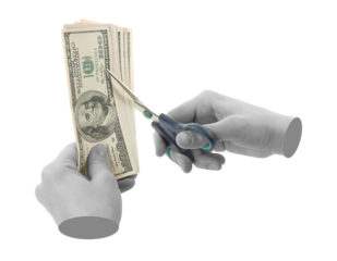 Gray-toned hands cutting US dollar banknotes with scissors in a contemporary art style, isolated on transparent background. Creative concept about finance, economy and money