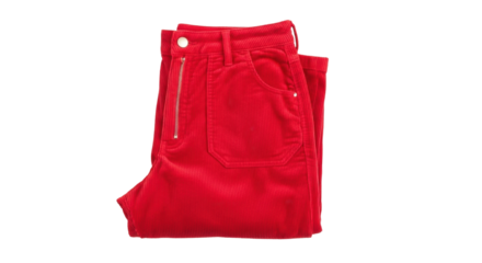 Isolated vibrant red corduroy pants, casual trousers with pockets, fashion studio shot
