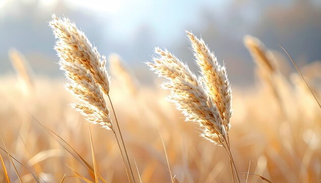 Golden Pampas Grass Seed Heads Illuminated by Soft Morning Sunlight in a Field with a Blurred Bokeh Background and Gentle Haze