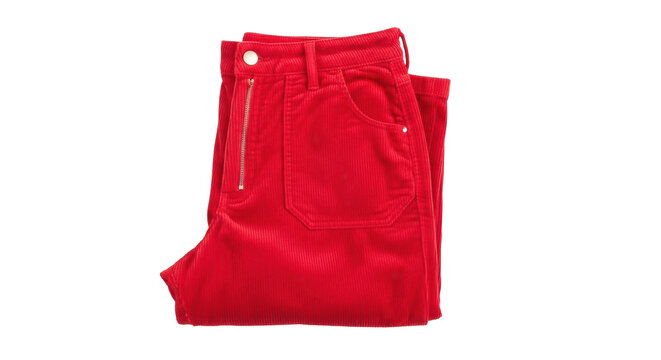 Isolated vibrant red corduroy pants, casual trousers with pockets, fashion studio shot