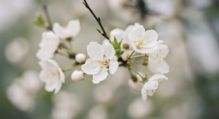 Obraz premium Close up of delicate white blossoms blooming on a branch against soft background