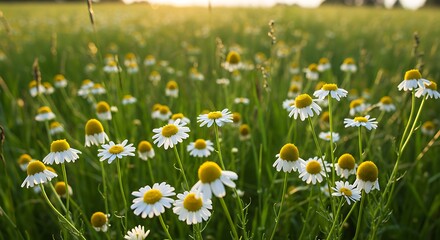 Chamomile flowers in a field illuminated by sunlight closeup view