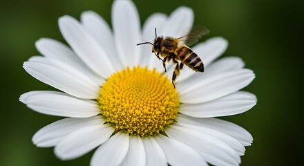 Bee approaching a daisy flower in bright sunlight macro shot