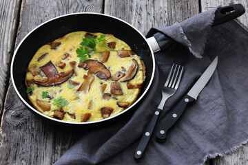 tasty porcini mushroom parmesan omelette, top view
