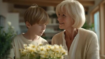 grandmother with child arranging flowers for pressed art project sunlight streaming gentle talk bonding nature art three quarter wide angle cinematic color correction gentle back - Powered by Adobe