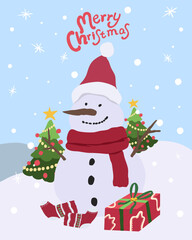 Snowman with Christmas Trees and Gifts Vector Illustration