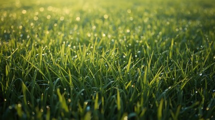 Fresh green grass blades glistening with morning dew in the warm sunlight