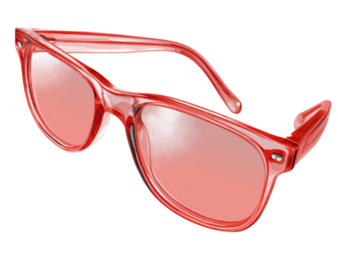 Transparent Red Sunglasses Frame with Light Pink Lenses Floating: Modern Eye Protection, Stylish Summer Fashion Accessory on Isolated Background for Product Presentation