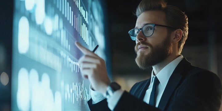 Young technology executive using stylus on display to analyze important financial data and strategy
