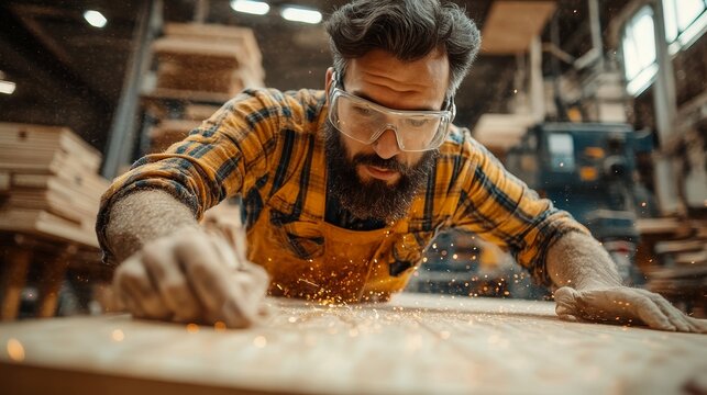 Craftsman Inspecting a Smooth Wooden Plank for Flaws After His Own Sanding Efforts and Care.