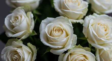 Close up of elegant white roses in full bloom with soft petals and green foliage