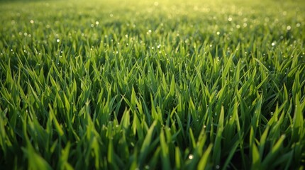 Obraz premium Fresh green grass blades glistening with morning dew in a sunny field view