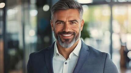 Obraz premium Confident Executive Portrait of a Middle-Aged Male Businessman with Gray Beard and Smile in Office