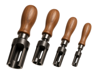 Wood plug cutter set in various sizes for making plugs from scrap wood in carpentry.