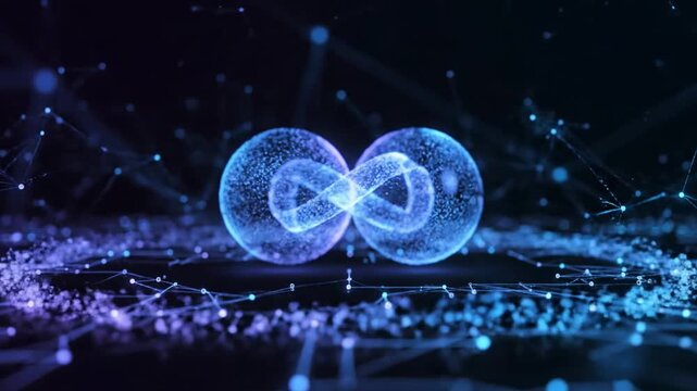 Glowing interconnected double-spheres form an infinity symbol within a network of illuminated dots