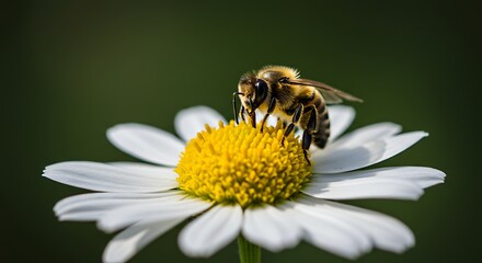 Bee lands on daisy flower with yellow center and white petals