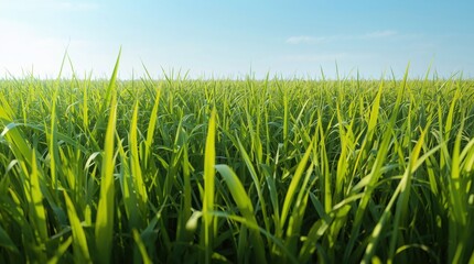 Obraz premium Lush green grass field under a clear blue sky on a bright sunny day outdoors