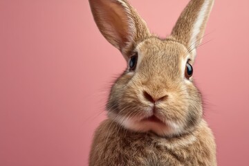 Obraz premium Fluffy rabbit with wide eyes, uneven ears, pink background