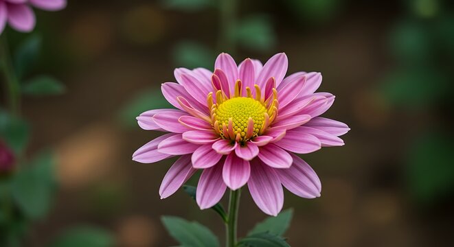 Close up of a pink chrysanthemum flower with yellow center selective focus