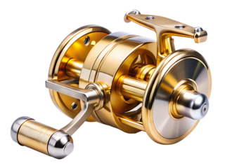 A Golden Fishing Reel Ready For Action isolated on White Background ,PNG. AI Generated