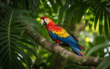 Obraz premium A vibrant scarlet macaw parrot perched on a branch amidst lush green tropical foliage