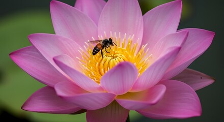 Close up of a pink lotus flower with a bee pollinating in natural sunlight