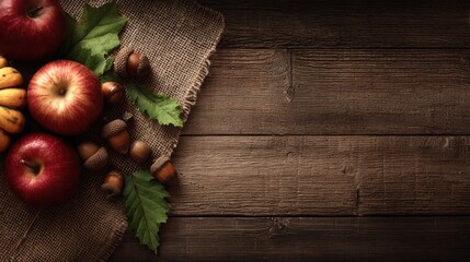Autumnal still life with apples, acorns, and burlap on a rustic wood surface