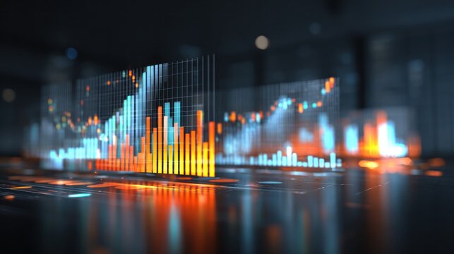 Digitized financial graphs glow in a blurred, dark environment; an abstract data visualization