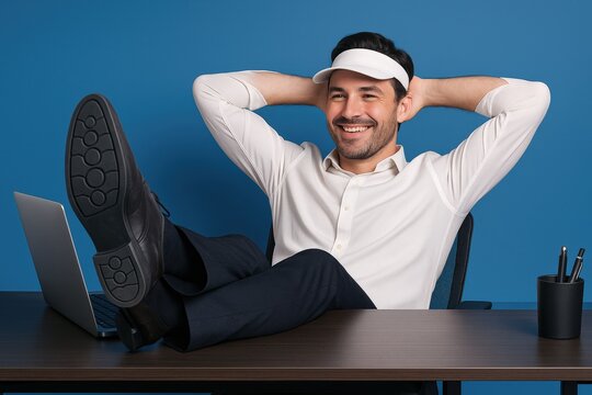 Cheerful young professional enjoys a relaxing casual break, feet propped on his desk in a modern, vibrant blue office setting