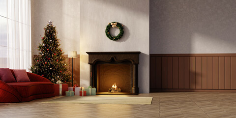 Christmas holiday ambiance around a fireplace in a living room. 3D render illustration