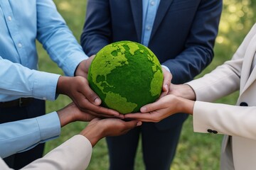 Corporate professionals hands unitedly cradle a vibrant green earth globe, signifying global environmental care, sustainability efforts, and a hopeful future for our planet
