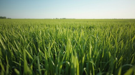 Fototapeta premium Lush green field of tall grass under a clear blue sky on a sunny day outdoors